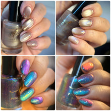 "Born This Way" is green/purple magnetic with multicolors irridescents flakes.

"Never Apologize" is a beige glass effect magnetic.

10ml Bottles