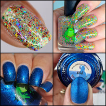 "Blu" has a blue jelly base filled with blue to teal microflakes and a touch of black to blue chameleon shimmer.

"I Ain't Ever Coming Down!" has a clear base filled with matte yellow hex, pink, red, orange, green and violet holo glitter with yellow and green aurora shimmer.
Note: Some swatches shown over a variety of base colors.

15ml Bottles