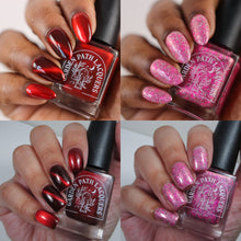 "Pink One So Terrify" has a neon pink jelly base filled with matte neon pink square and hex glitter, fuchsia holographic micgrolitter, and silver holographic microflakes.

"Red Scare With the Long Blonde Hair" is a blackened red magnetic polish.

12ml Bottles