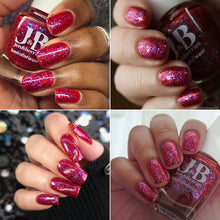 "I'm hot. I'm cold. Oh damn. I'm old." has a red jelly base with pink/orange and blue/purple shifty iridescent flakes and scattered blue/purple multichrome flakes.

12.5ml Bottle