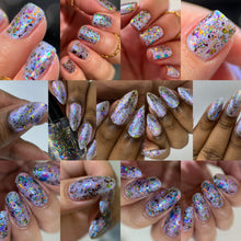 "Myth" has a clear base with blue pink aurora shimmer and silver holo glitter.

"Magic" has a clear base with a mix of multichrome and iridescent flakies.

11ml Bottle