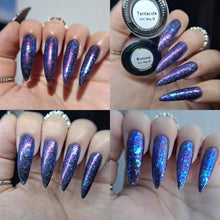 "Biolume" has a deep purple base with pink/yellow shimmer.

"Tentacula" has green iridescent flakie, blue with holographic micro flakie.

11ml Bottle
