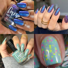 "Mira" has a jelly black base with blue shifting shimmer and pink reflective glitters.

"Abby" is a light green crelly with assorted neon pink and yellow glitters with a dusting of pink to gold shifting shimmer.

15ml Bottles