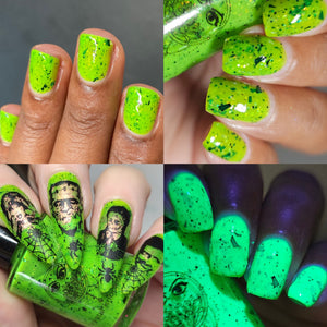 Crystal Knockout has created a polish for Halloween this month at HHC!

"Monster Brat" is a neon green crelly with black flakes, glitter, and shreds, iridescent orange-green glitter, and iridescent color-shifting flakie win pink, green, and gold.