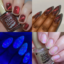 "Queen of the Castle" is a red magnetic shade with silver reflective glitters.

"Haus of Houlbein" is a sheer crelly white with blue aurora shimmer a mix of neon green and pink matte glitters and a blue GITD.

11ml Bottles
