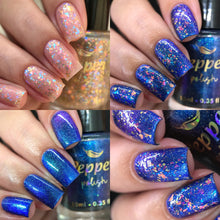 "Eternal Mirage" is a deep blue magnetic with turquoise/green aurora shimmer and holographic pigment. It evokes the enigmatic beauty of a mirage that never fades, revealing layers of charm and mystery with every movement.

"Treasure Dust" is a sparkling topper with orange and blue iridescent flakes and golden touches, like magical dust dancing in the air, awakening hidden secrets and illuminating every polish with a precious aura.

10ml Bottle