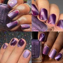 “Imaginarium” is a plum jelly magnetic nail lacquer with pink to orange to gold shifting iridescent shimmer and fine particle silver magnetic shimmer.

12ml Bottle