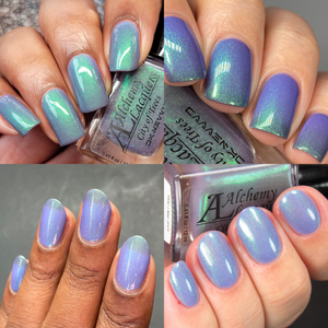Alchemy Lacquer continues their Star Wars Travel Poster theme with a polish inspired by Kashyyyk, the tropical homeworld of the Wookies!

"City of Trees" is a thermal nail lacquer that shifts from a mauvy-greige (cold) to periwinkle blue (warm) with contrasting green to turquoise to blue shifting shimmer.

12ml Bottle

200 Cap