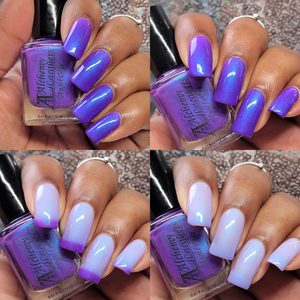 Alchemy Lacquers continues their 'Strawberry Shortcake Dolls' series with a polish inspired by Angel Cake!

"Angel Cake" is a thermal nail lacquer that shifts from a grape purple when cold to a light blue when warm with contrasting cyan to blue to purple shifting shimmer.