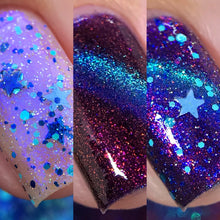"Blue Lava" has a purple base with pink/orange shimmer and blue magnetic pigment.

"Volcanic Ash" is a topper featuring a purple/blue shimmer and a mix of blue glitters, including star-shaped glitters.

10ml Bottles