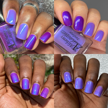 “Sunforge” is a solar nail lacquer that shifts from a lavender purple in the shade to a range of red leaning purples in direct sun or UV light with contrasting blue to purple shifting iridescent shimmer.&nbsp;