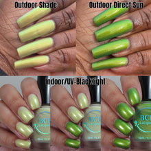 "I’m Going On An Adventure" is a solar polish that is a light taupe(indoor) to green(outdoor/uv blacklight) with a gold/green shifting shimmer.

15ml Bottle