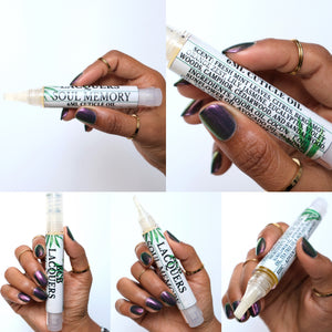 "Soul Memory" Cuticle Oil has scent notes of: Fresh Mint Leaves, Citrus, Bergamot, Orange Zest, Lily, Jasmine, Eucalyptus, Violet, Woods, Camphor, Cedarwood and Sandalwood. Oil is in a 6mL click pen container with a TWIST off cap.

Ingredients: Jojoba oil, coconut oil, sunflower oil, avocado oil, almond oil, tea tree oil and skin-safe fragrance.