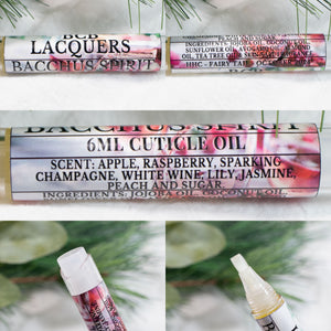 BCB Lacquers brings us a cuticle oil this month!&nbsp;

"Bacchus Spirit" cuticle oil has scent notes of: Apple, Raspberry, Champagne, Lily, Jasmine, Peach and Sugar. Oil is in a 6mL click pen container with a TWIST off cap.