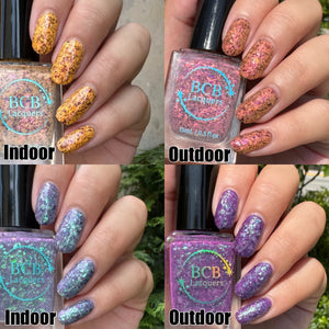 For Halloween, BCB Lacquers has created a duo inspired by Halloweentown!

"Mortals See, Mortals Do" is a SOLAR polish that shifts yellow(indoor) to a soft pink(in direct outdoor light) or a maroon(only with the use of a UV/Blacklight) with pink/orange/gold glass flakes and purple/red/blue multichrome flakes.&nbsp;

"Bubble, Bubble, Toil, And Trouble" is a SOLAR polish that shifts grey(indoor) to purple(outdoor) with purple/blue/green glass flakes and purple/blue/green multichrome flakes.