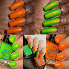 "Franken-Fine!" is a neon green crelly with an orange/gold shifting shimmer.

"Caught Off Gourd" is a neon orange crelly with a green/blue shifting shimmer.

15ml Bottles