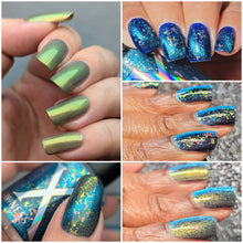 "Cartomancy" is a gold shimmer in a grey base. Sister to London Fog Latte, Matcha, The Empress, The Moon and The Tower.

"The Hanged Man" is a turquoise magnetic in a clear base for layering. It has a rainbow of iridescent flakes as well.&nbsp;

"The Hanged Man" is shown over "Cartomancy", black, purple and a deep blue.


15ml Bottles