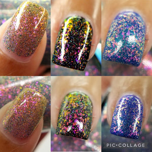 Baroness X continues the ocean series with "Sunken Treasure" which is a mix of holo pigment, iridescent flakies and blue reflective glitter (You can swatch this on it's own or over a dark undie when swatching solo).