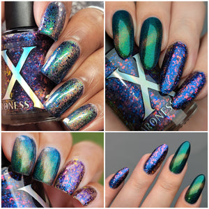 Baroness X continues their 'Tarot Card' series!

"The World" is a coppery red to gold magnetic with green/blue shimmer and sprinkle of teal holo microglitter.

"The Magician" is a mix of blue/red UCC flakes and large red/copper/gold/green iridescent flake. It can be worn on it's own in a few coats or as a topper.