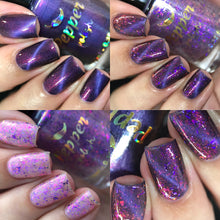 "Amethyst Spell" has a purple base with a lilac magnetic pigment and pink shimmer.

"Mystic Shards" is a clear topper filled with a mix of pink and purple iridescent flakes and purple metallic micro flakes.

10ml Bottles