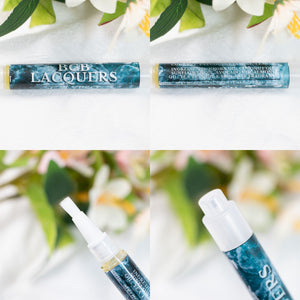 BCB Lacquers also brings us the "Calypso" Cuticle Oil Click Pen which has scent notes of: Champagne, Fruits, Iris, Lime, Black Currant, Patchouli, Jasmine, Lemon. Oil is in a 3mL container.  Ingredients: Jojoba oil, coconut oil, sunflower oil, avocado oil, almond oil, tea tree oil and skin-safe fragrance.  Directions: Apply directly onto the cuticle and nail. Apply 2-3 times per day or as needed onto the cuticle to hydrate dry skin around the nail.  3ml click pen applicator  150 click pen cap