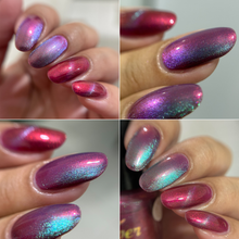 "A Mother's Embrace" has a pink base with pink/orange shimmer and turquoise multichrome magnetic pigment.

10ml Bottle