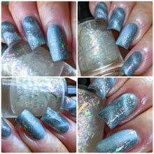 "Sun and Rain" is sky blue glass magnetic polish.

"Double Rainbow" is a topper with multicolor iridescent flakes.

10ml Bottles