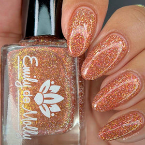 Emily de Molly continues the series inspired by Art Nouveau style artworks with "Le Figero" which is a medium dusty orange base filled with silver reflective glitters and a pink/gold/green large particle aurora shimmer, and is inspired by Le Figaro by William de Leftwich Dodge.