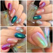 "Crispy" has green/blue aurora pigment with micro silver holo glitters.
NOTE: Swatches shown over a variety of base colors.

10ml Bottles