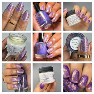 1422 Designs has created a duo for the holidays!&nbsp;

"Sugar Plum Fairy" is a whimsical purple polish with silver-pink-gold-green-teal iridescent flakes and gold sparkles.

S.O.S Cuticle and Hand Salve is scented in a delicious blend of banana cream pie. Lemon zest, and peach nectar.

Ingredients: Shea butter, beeswax, jojoba oil coconut oil, vitamin e oil, skin safe fragrance oil.