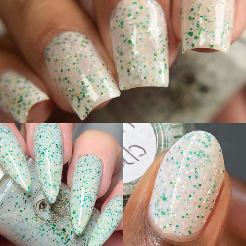 “Zen Tub” is a white crelly with gold flakies and matte glitters in white and green.

15ml Bottle

No Cap