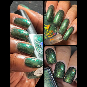 Luna Lacquer continues their 'Star Trek' series with a polish inspired by Star Trek The Next Generation.  "Locutus of Borg" is a dark green shimmer polish with green reflective glitters and red to orange shifting flakes.  12ml Bottle