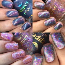 "Veil of Embers has a smoky blue base with orange/gold shimmer and a silver magnetic pigment.

"Iridescent Veil" is a topper with a mix of blue and purple iridescent flakes, with a touch of orange.
*Note: Some swatches shown over a base color.