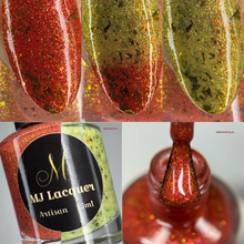 "Petal Talk" is a blood orange to yellow thermal with red to gold ultra chameleon flakes, gold holographic glitter, and red to pink to gold aurora shimmer.

15ml Bottle