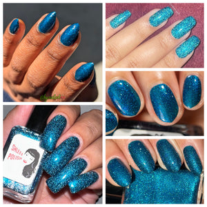 "The Caterpillar" is a turquoise shimmer and silver reflective glitter in a deep teal tinted base.  15ml Bottle