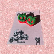 These earrings are single sided stud style earrings and are incredibly lightweight. They have a holographic green glitter overlay of a red apple. They use hypoallergenic coated hardware. Due to the handmade nature, each pair will have slight&nbsp;variations.