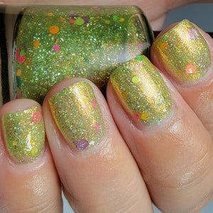 MJ Lacquer begins a new series inspired by The Temptations with "I Wish It Would Rain" which is a sour apple base with color shifting iridescent flakes, neon glitter mix, and red to orange to gold aurora shimmer. Accented with micro holo flakes. Inspired by the 1967 recording of I Wish It Would Rain. This was noted as the last song, of the “Classic 5 era”, with David Ruffin, Eddie Kendricks, Paul Williams, Melvin Franklin, and Otis Williams.
