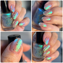 "So Tiny" is a topper with green/blue shimmer and UCC flakes green/copper.

10ml Bottles