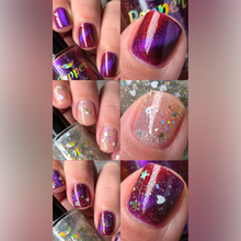 "Phoenix Blood" is a striking and powerful magnetic polish. Its deep burgundy base (a favorite color of this friend) carries a vibrant purple magnetic pigment, glowing orange shimmer, and delicate golden holographic glitter. It represents his strength and intensity — a presence that never goes unnoticed, like a phoenix who has risen and continues to rise through every new challenge.

"Heartlight" is a joyful and luminous topper full of meaning. In a clear base, it blends silver holographic glitters, golden 