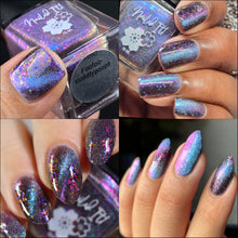 "Foofoocuddlypoops" has a blackened purple base with a light blue to purple holographic magnetic pigment and pink/gold and blue/purple crystal flakes.

15ml Bottle