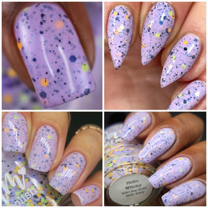 For their Encore, Dam Nail Polish has chosen a polish from their 'Hello Kitty' series, inspired by Hello Kitty in a witch costume!

"Hello Witchy" is a pastel purple crelly with assorted black, neon yellow and neon orange glitters and a touch of blurple shimmer.&nbsp;