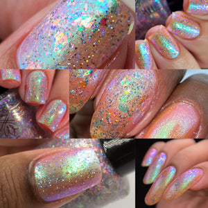 Phoenix Indie Polish continues the series inspired by Percy Jackson with "Oracle Base" which is a peach jelly base with pink to blue to turquoise aurora shimmer, and "Glimpse of the Future" which is a clear base with orange, blue, turquoise iridescent flakies, and lavender galaxy glitter. 10ml bottles.  150 duo cap