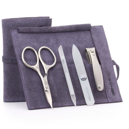 GERMANIKURE -  Four Piece Set:  Scissors, Clippers, Glass File, Manicure Stick in Purple Suede