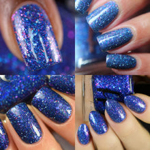 Femme Fatale continues the Oceanic Series with "Feelin’ Swan-derful " which is a navy jelly packed with blue and emerald holographic microglitters, aqua matte glitter accents, and blue-purple and pink-red shifting iridescent flakes. Recommended 3 coats with glitter-suitable topcoat as this will dry textured. 9ml bottle.