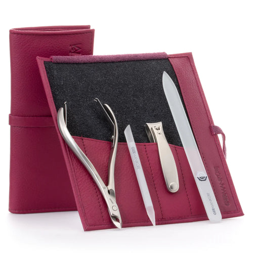 GERMANIKURE - Four Piece Manicure Set in Raspberry Leather Case - FINOX® Stainless Steel: Cuticle Nipper, Nail Clipper, Glass Cuticle Stick and Nail File