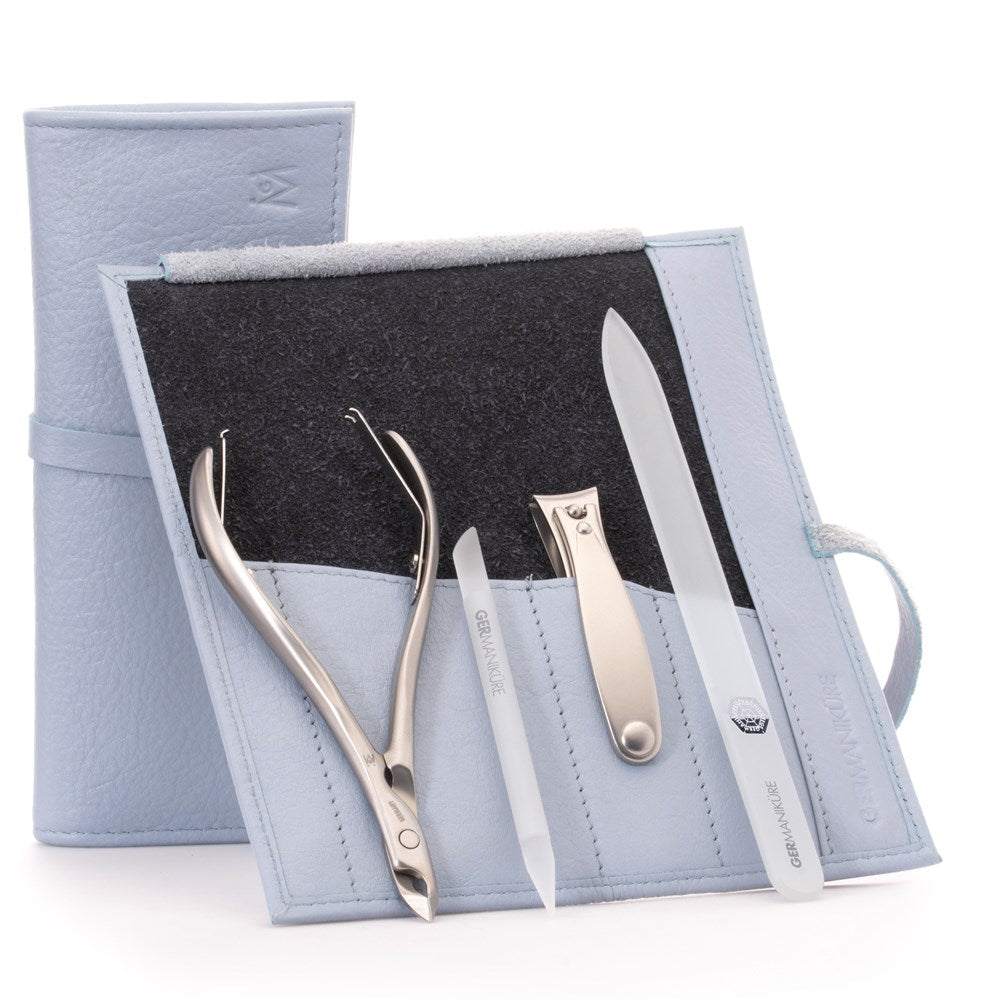 GERMANIKURE - Four Piece Manicure Set in Sky Blue Leather Case - FINOX® Stainless Steel: Cuticle Nipper, Nail Clipper, Glass Cuticle Stick and Nail File